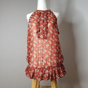 Sheer orange floral button up tank with elastic